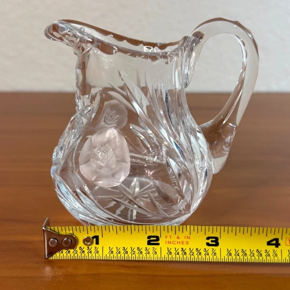Vintage Lead Crystal Frosted Rose Creamer Pitcher Cut Glass Floral 4.25 Inch